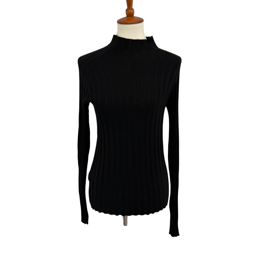 MNG Mango Womens Black Ribbed Mock Neck Long Sleeve Knit Sweater Size M Lettuce